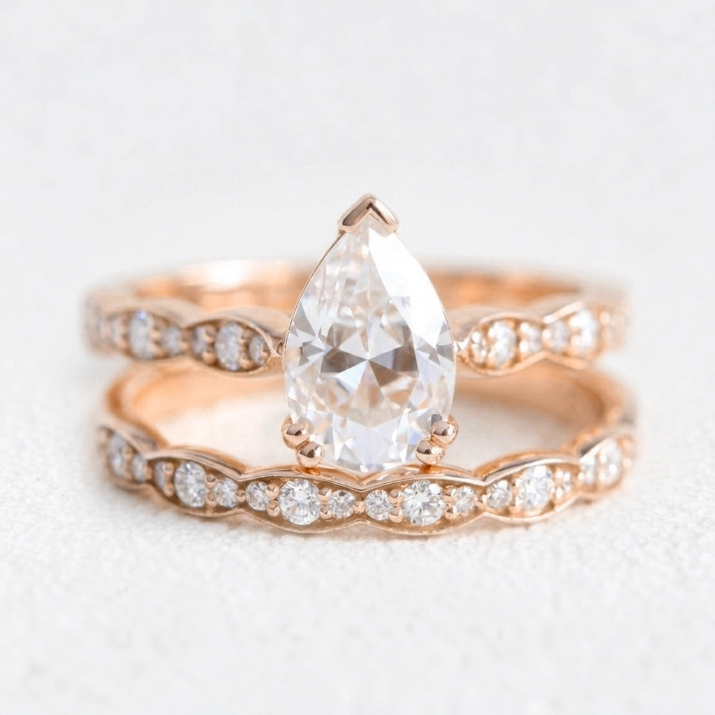 Grace Solitaire Pear Bridal Ring Set w/ Moissanite and Matching Diamond Band.