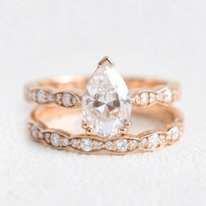 Grace Solitaire Pear Bridal Ring Set w/ Moissanite and Matching Diamond Band.