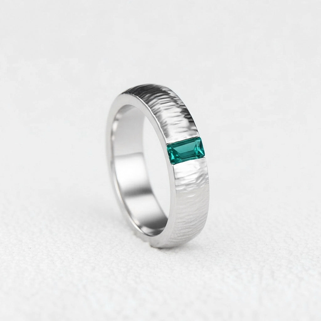 The Retro Keystone | 5MM Hammered Emerald Men's Wedding Band.