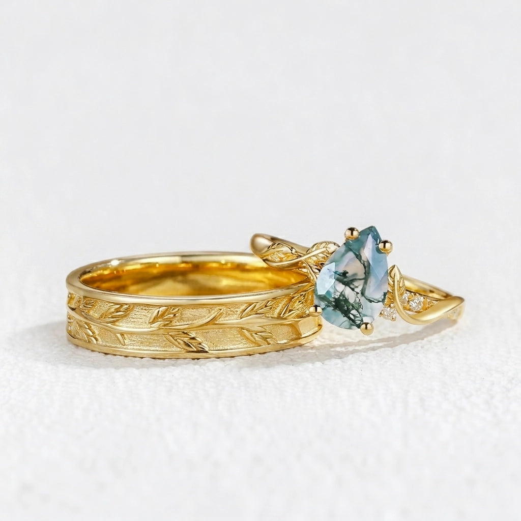 Laurel’s Spinney | Pear Moss Agate Leaf Wedding Band Couple Set 3pcs.