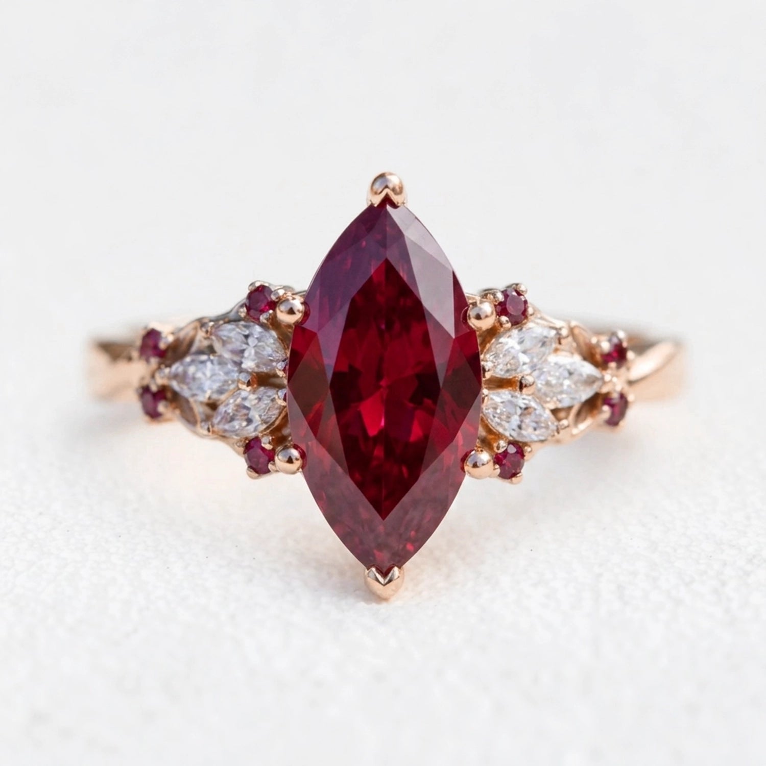 Valencia’s Crimson | 2CT Marquise Ruby Vintage Engagement Ring
