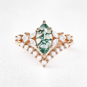 Diana’s Whisper | Marquise Moss Agate & Pearl Chevron Bridal Duo