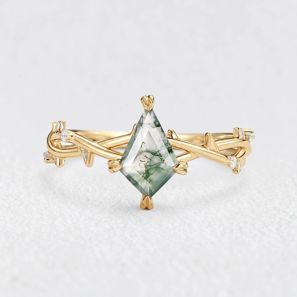 Bramble Minimalist Kite Cut Moss Agate Leafy Engagement Ring.