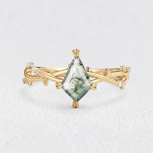 Bramble Minimalist Kite Cut Moss Agate Leafy Engagement Ring.