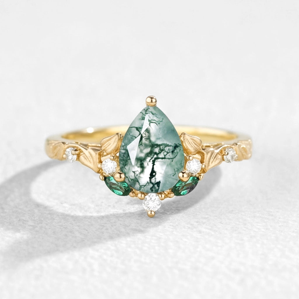 Hedera Heart Leaf Moss Agate Engagement Ring.