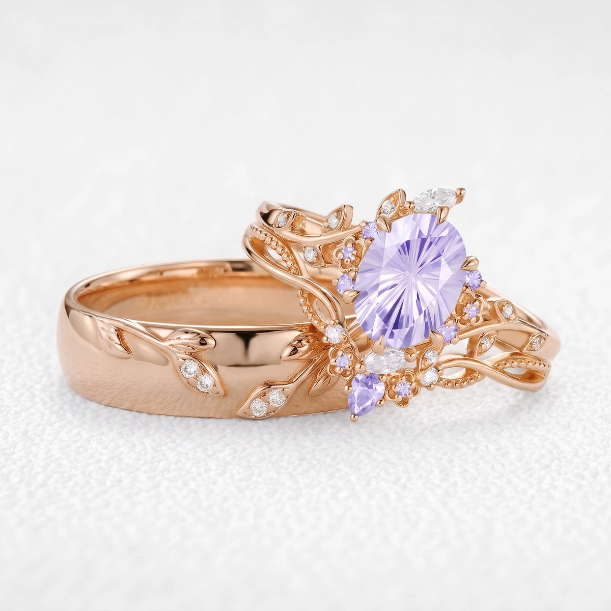 Celine‘s Aquarelle | Firework Cut Lavender Sapphire Chevron & Moissanite Leaf Couple Trio