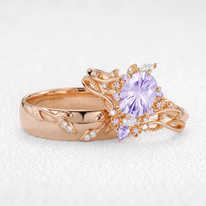 Celine‘s Aquarelle | Firework Cut Lavender Sapphire Chevron & Moissanite Leaf Couple Trio