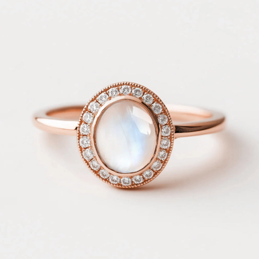 Celia’s Aureole | Classic Moonstone Halo Engagement Ring.