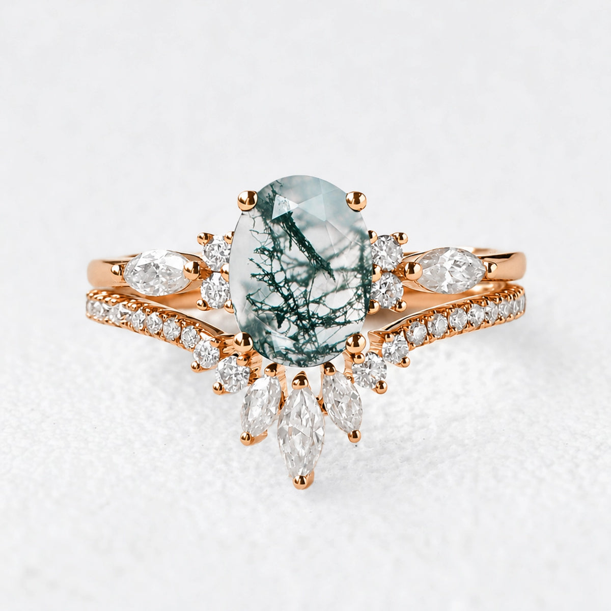 Alexandra’s Heritage | Oval Moss Agate Bridal Duo