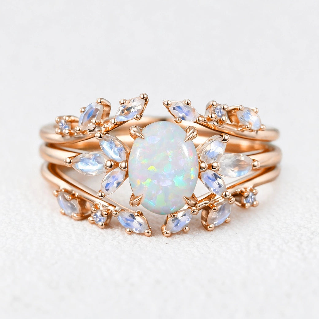 Ophelia’s Embrace | Oval Opal with Moonstone Wings Vintage Bridal Duo