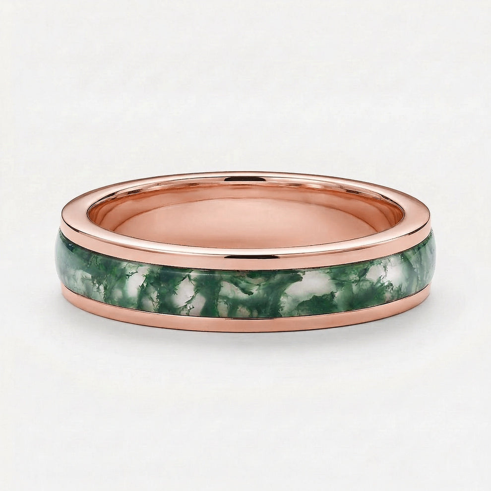 Evergreen Vows | Oval Moss Agate Leaf Veil Black Gold Couple Set 3pcs.