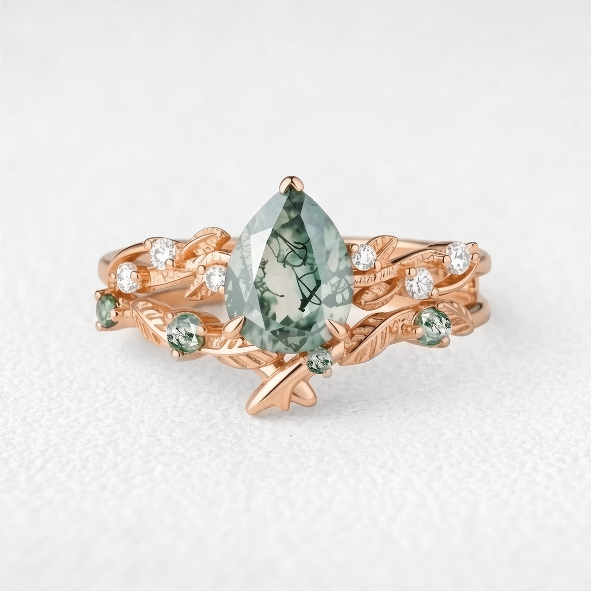 Clarissa’s Frond | Pear Cut Moss Agate Leafy Bridal Set 2pcs