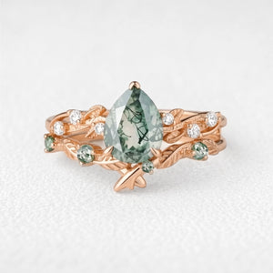Clarissa’s Frond | Pear Cut Moss Agate Leafy Bridal Set 2pcs