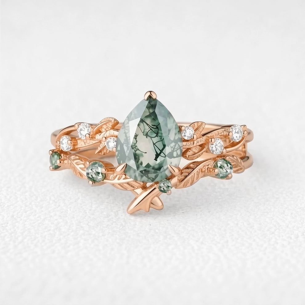 Clarissa’s Frond | Pear Cut Moss Agate Leafy Bridal Set 2pcs