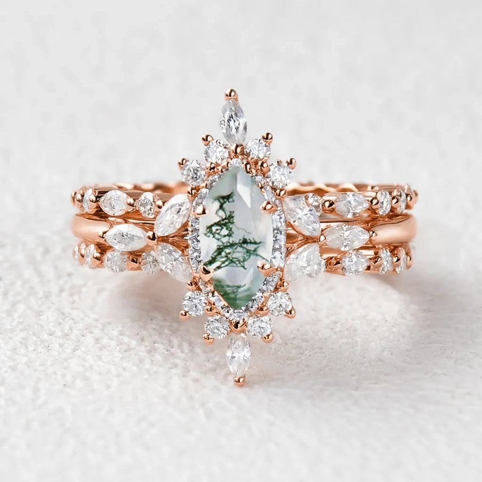 Elara’s Cluster | Marquise Moss Agate Vintage Ring Set 3pcs.