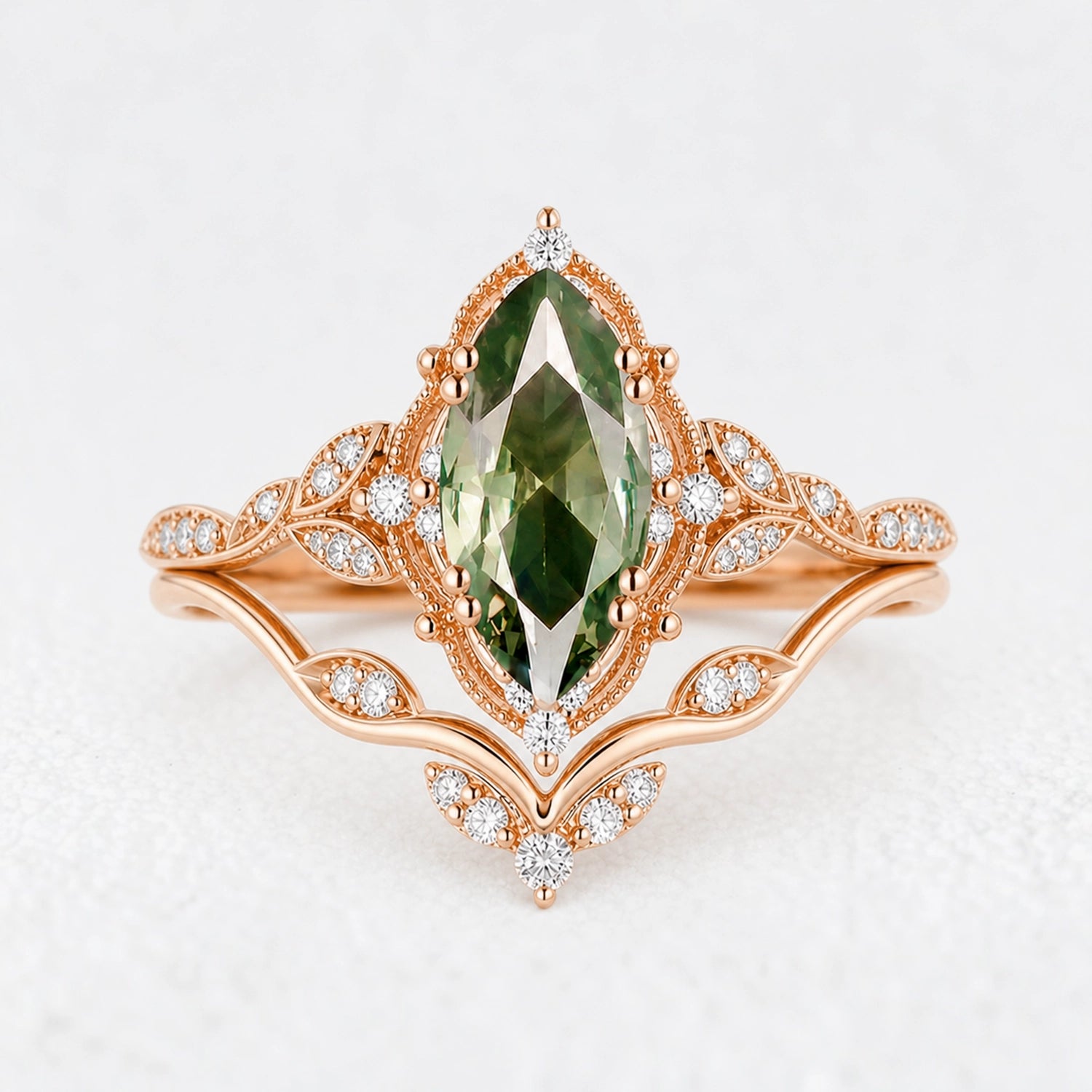 Marguerite’s Laurel | Marquise Green Sapphire Vine Bridal Duo