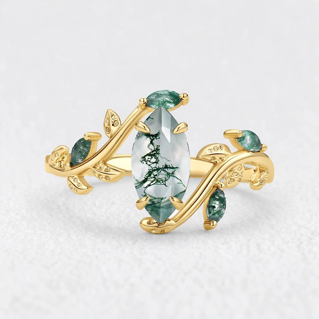 Isadora’s Garland | Vintage Marquise Moss Agate Engagement Ring