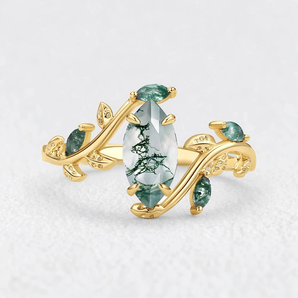 Isadora’s Garland | Vintage Marquise Moss Agate Engagement Ring