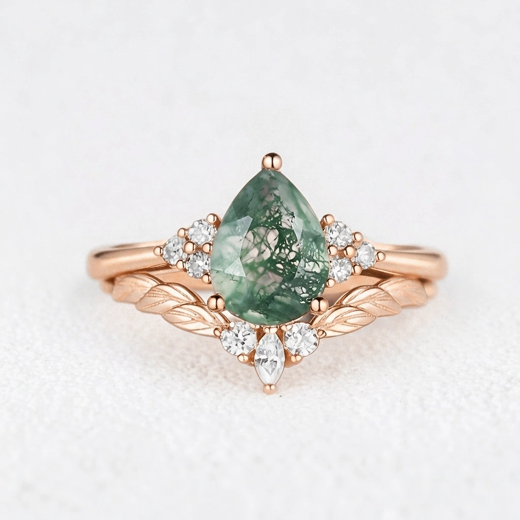 Mirabel’s Idyll | Unique Moss Agate Leaf Engagement Ring Set 2pcs.
