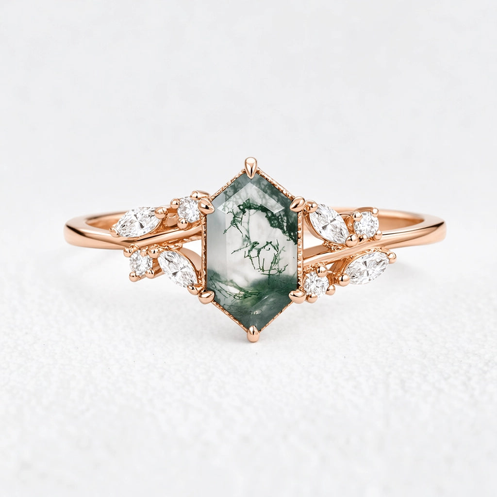 Genevieve’s Grove | Vintage Hexagon Moss Agate Engagement Ring