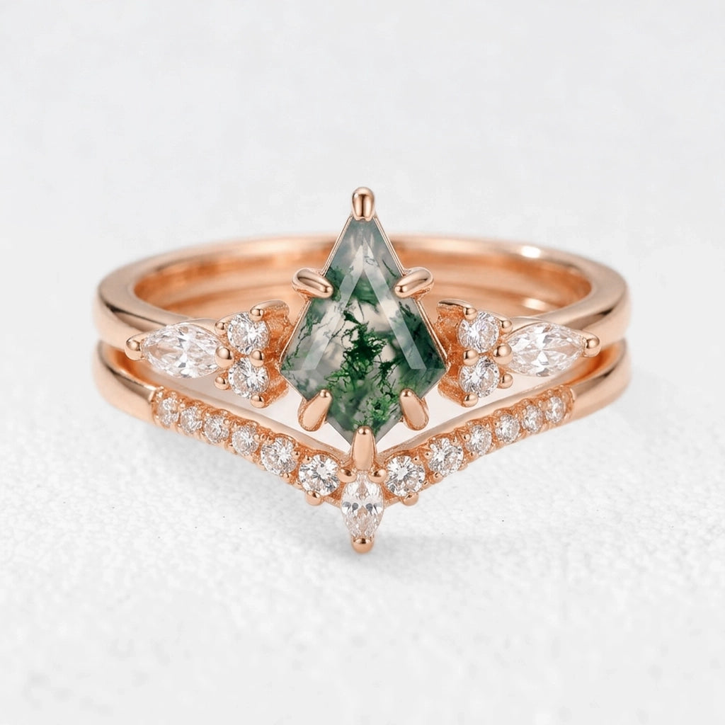 Elara’s Drift  | Vintage Kite Cut Moss Agate Bridal Set 2pcs.