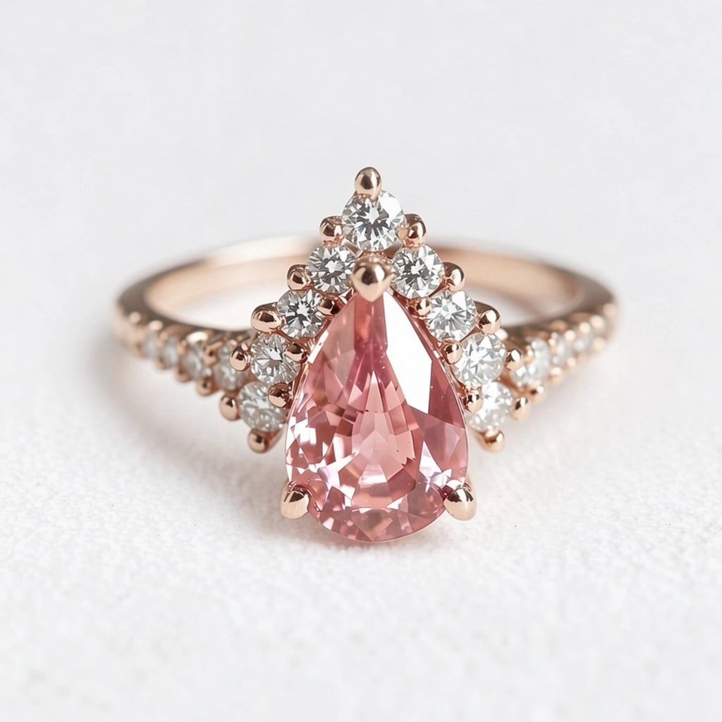 Aurora’s Promise |  Pear Cut Pink Sapphire Halo Engagement Ring.