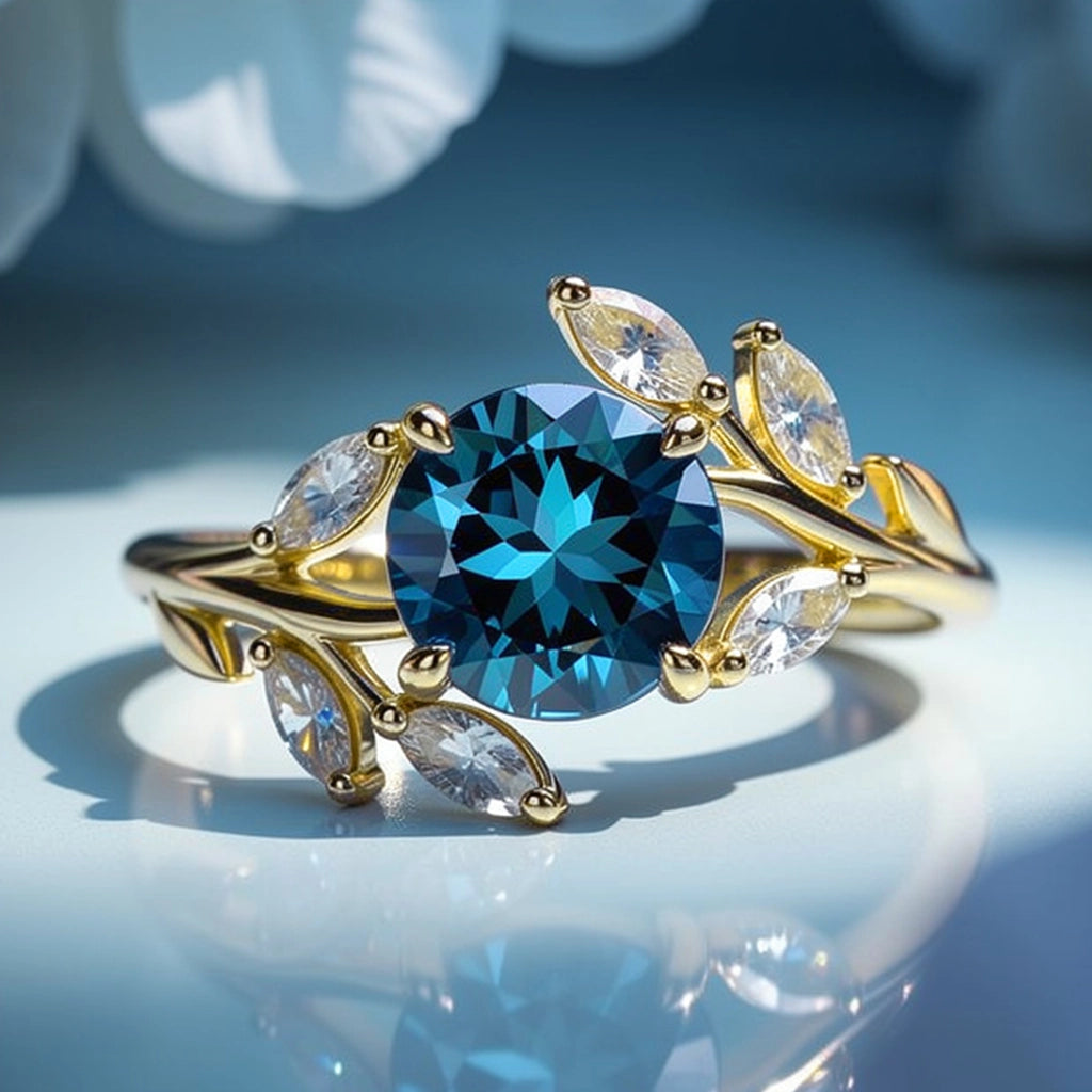 Sylvana 1CT Round Cut Royal Blue Gemstone Vine Ring.