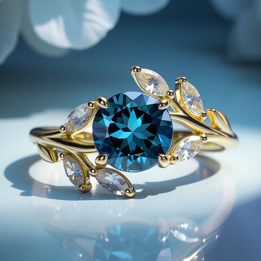 Sylvana 1CT Round Cut Royal Blue Gemstone Vine Ring.
