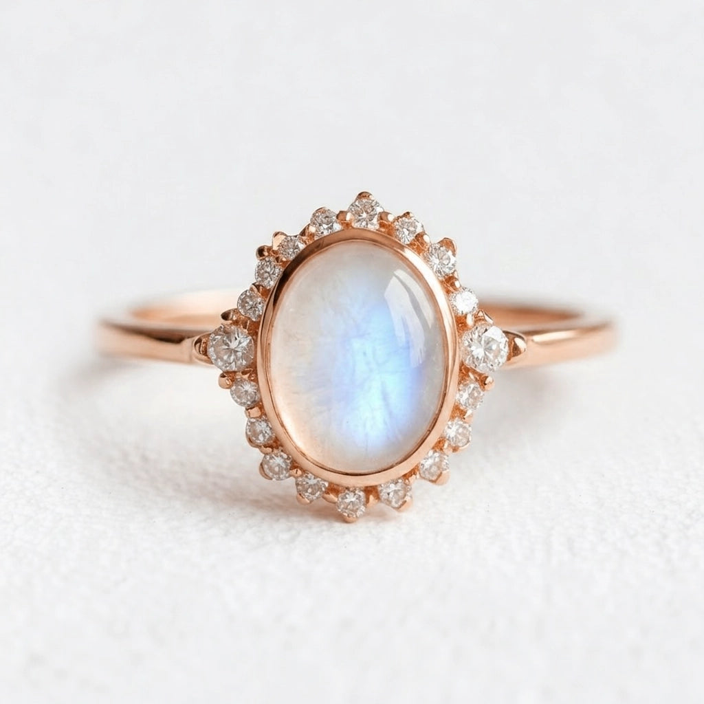 Elara’s Luster | Classic Oval Moonstone Halo Engagement Ring