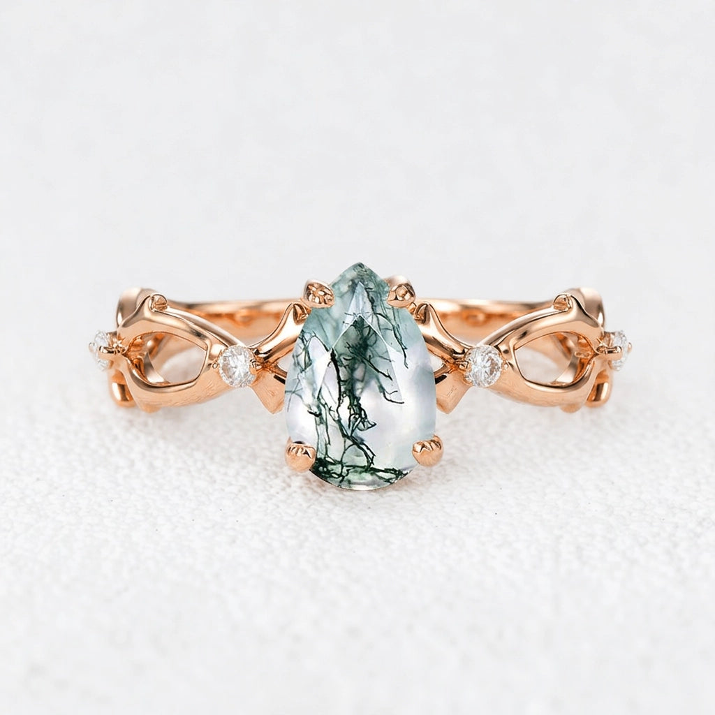 Genevieve’s Twine | Pear Moss Agate Foliage Engagement Ring