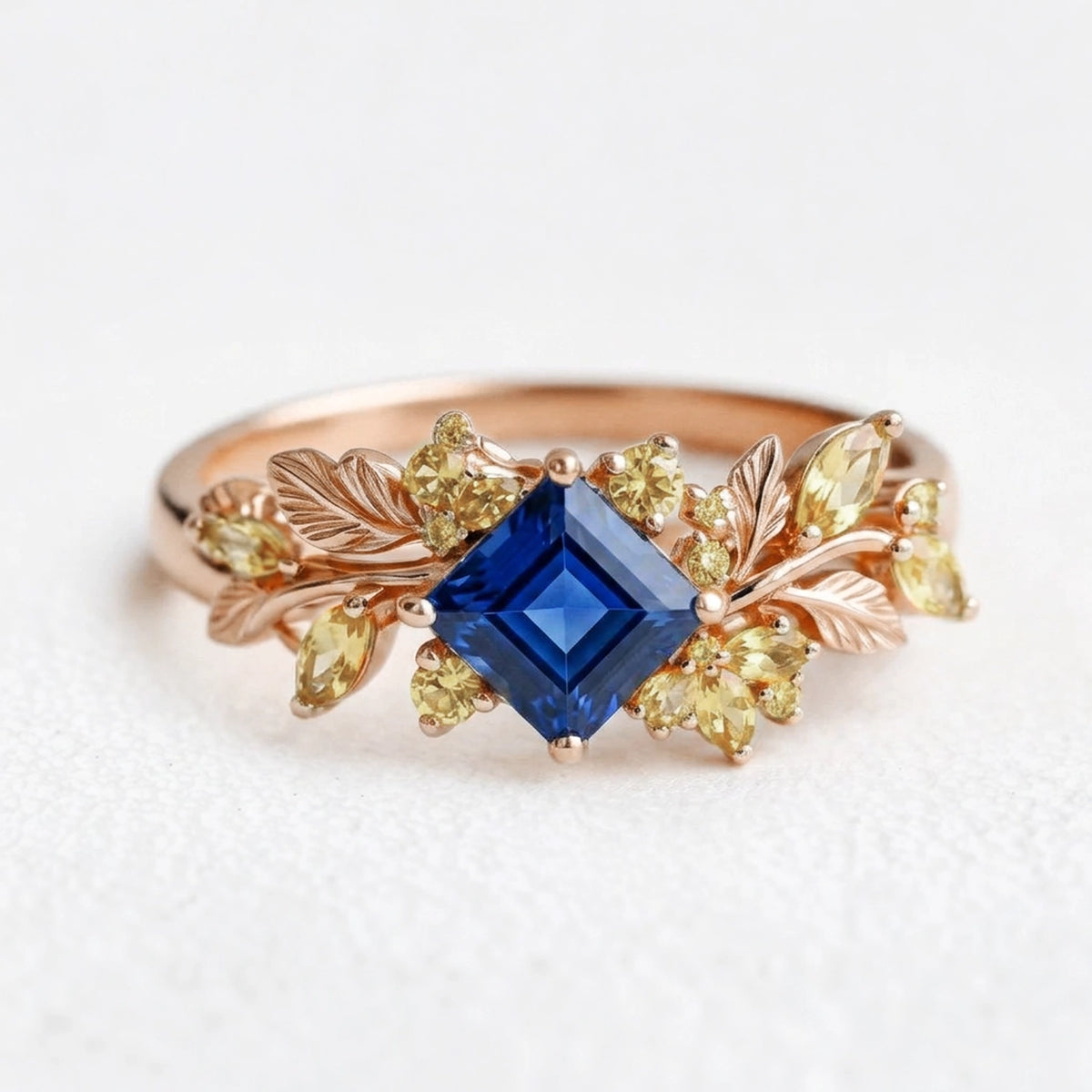 Seraphine’s Bloom | Princess Cut Sapphire with Citrine Floral Engagement Ring