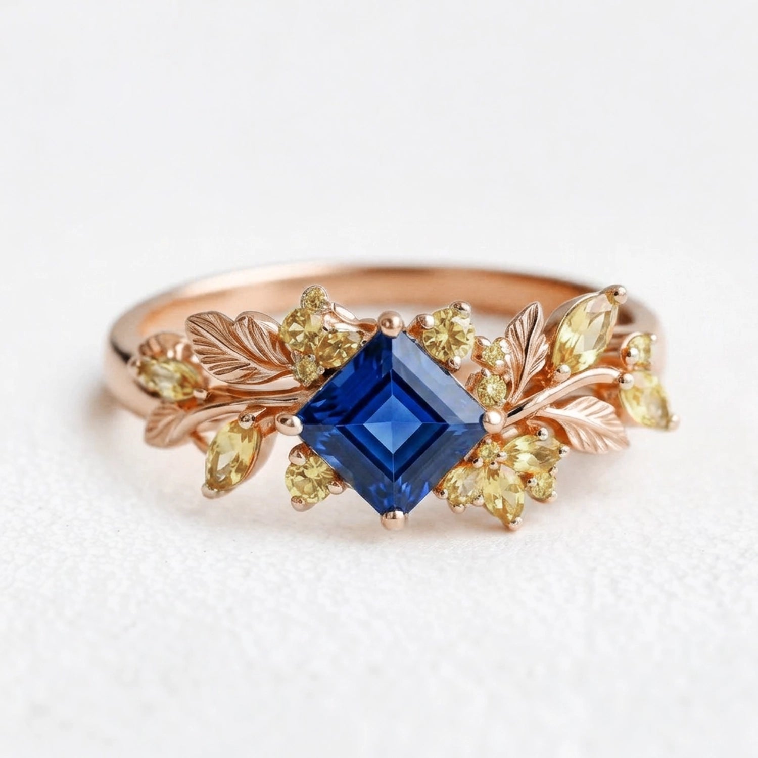 Seraphine’s Bloom | Princess Cut Sapphire with Citrine Floral Engagement Ring