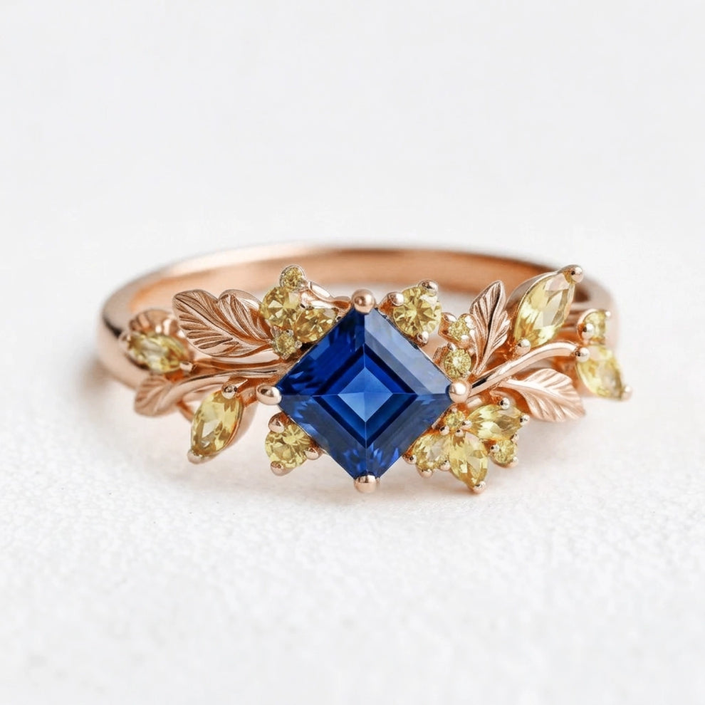 Seraphine’s Bloom | Princess Cut Sapphire with Citrine Floral Engagement Ring