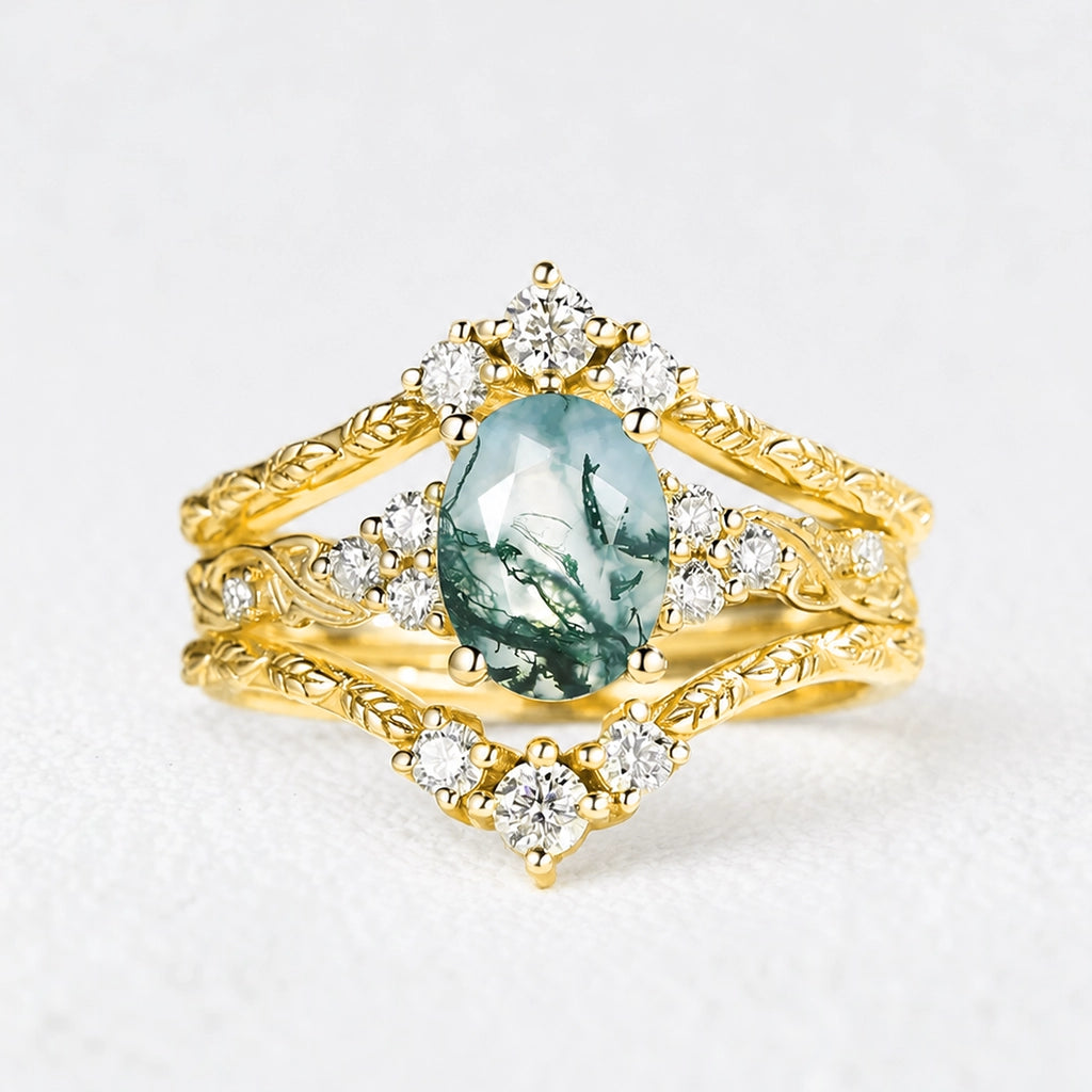 Hazel Blingflare Oval Moss Agate Filigree Ring Bridal Set 2pcs.