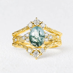 Hazel Blingflare Oval Moss Agate Filigree Ring Bridal Set 2pcs.