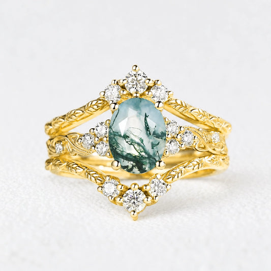 Hazel Blingflare Oval Moss Agate Filigree Ring Bridal Set 2pcs.