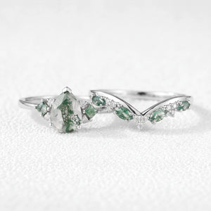 Sylvie’s Vine | Pear Cut Moss Agate Engagement Ring Set 2pcs