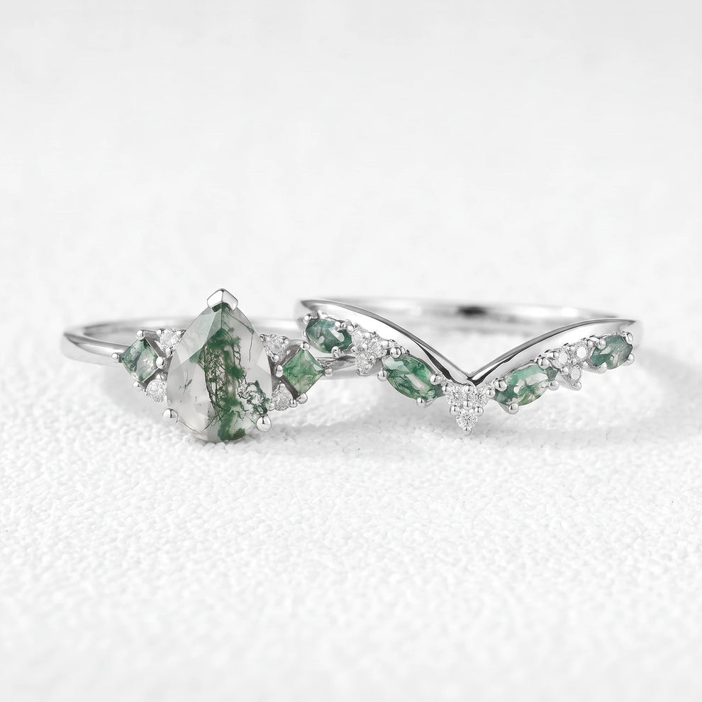 Sylvie’s Vine | Pear Cut Moss Agate Engagement Ring Set 2pcs