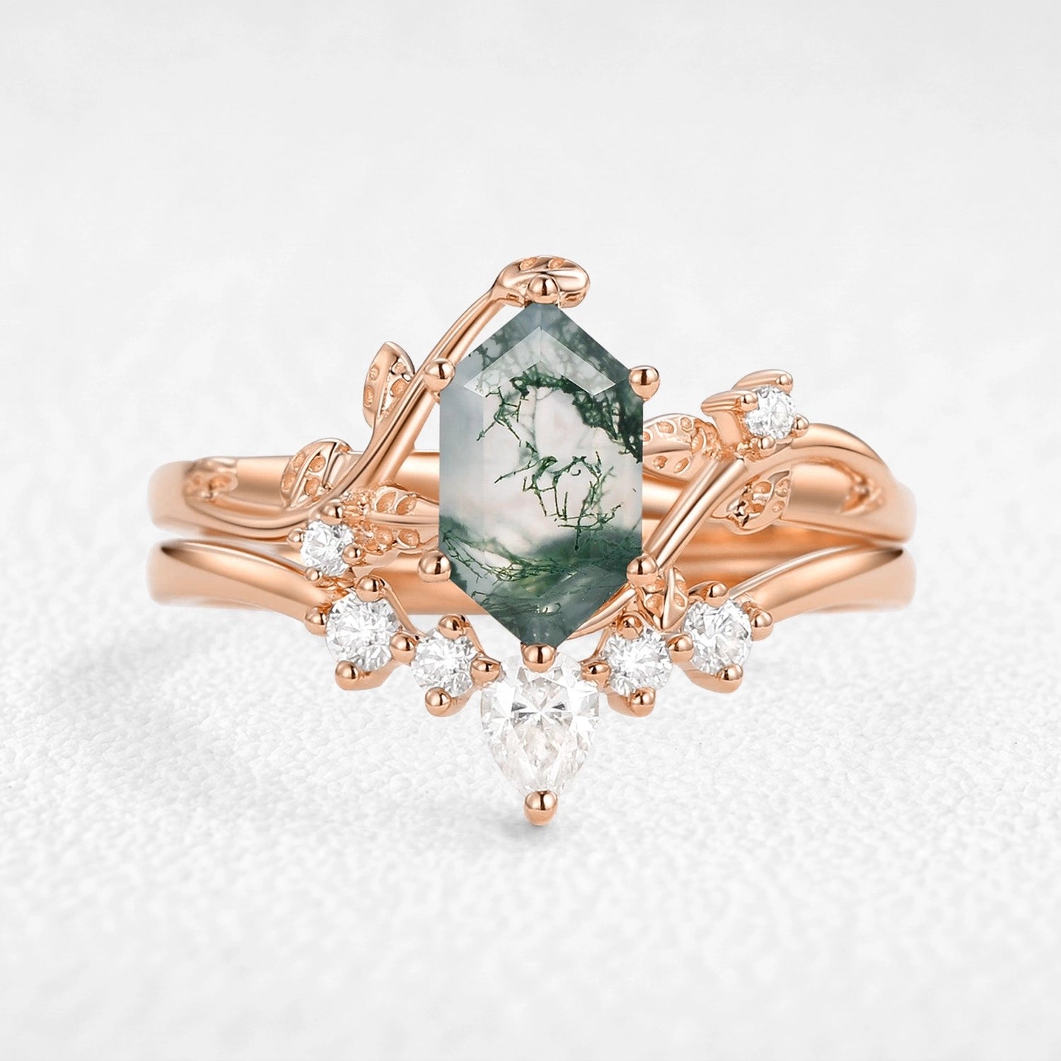 Olive’s Glade | Hexagon Cut Moss Agate Foliage Bridal Duo