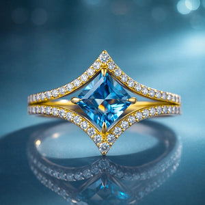 Marina’s Sparkle | 2CT Princess Cut Blue Sapphire Halo Ring.