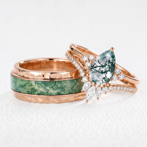 Genevieve’s Harmony | Luxurious Pear Moss Agate Bridal Set & 8MM Moss Inlay Band Couple Ring Set 3pcs