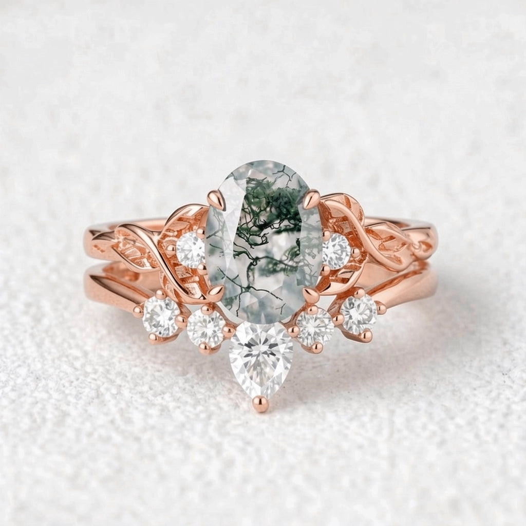 Aurelia’s Grove | Oval Moss Agate & Moissanite Leafy Ring Set 2pcs.