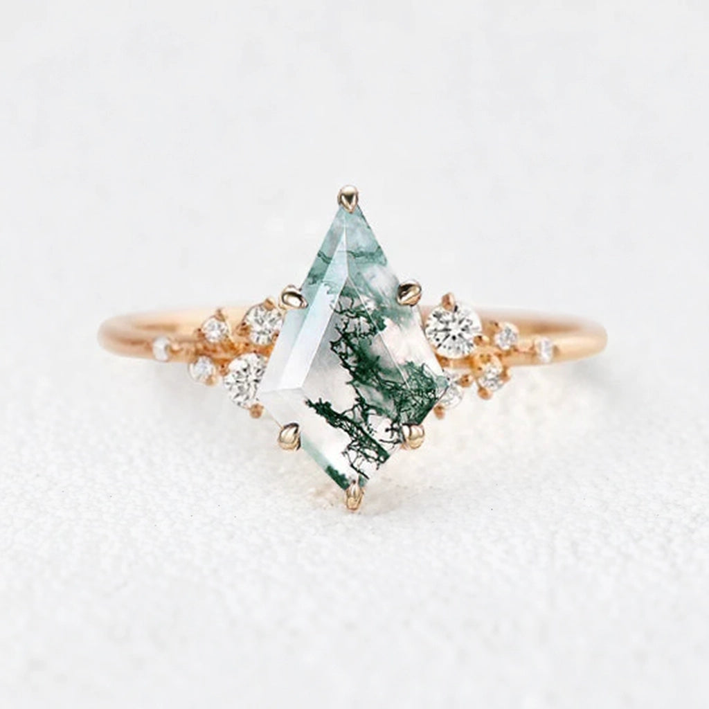 Elara’s Drift | Large Kite Cut Moss Agate Engagement Ring.
