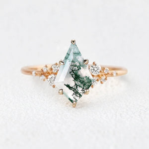 Elara’s Drift | Large Kite Cut Moss Agate Engagement Ring.
