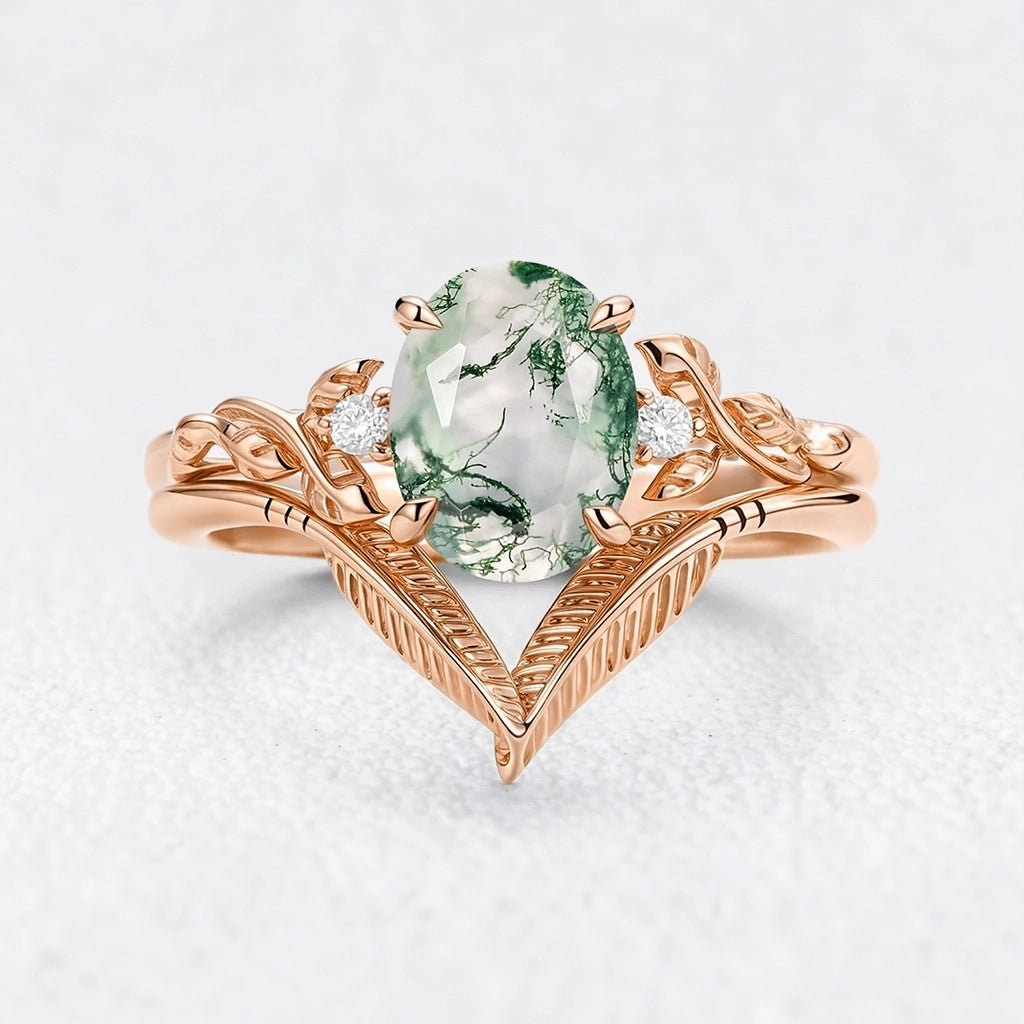 Isadora’s Gilded | Oval Moss Agate Leafy Gold Bridal Duo