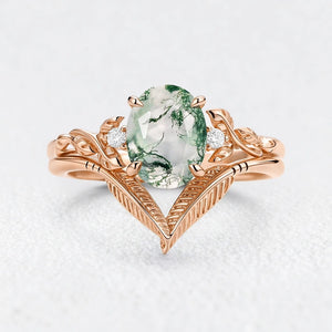 Isadora’s Gilded | Oval Moss Agate Leafy Gold Bridal Duo