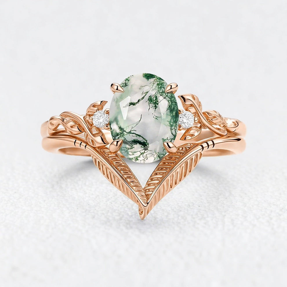 Isadora’s Gilded | Oval Moss Agate Leafy Gold Bridal Duo