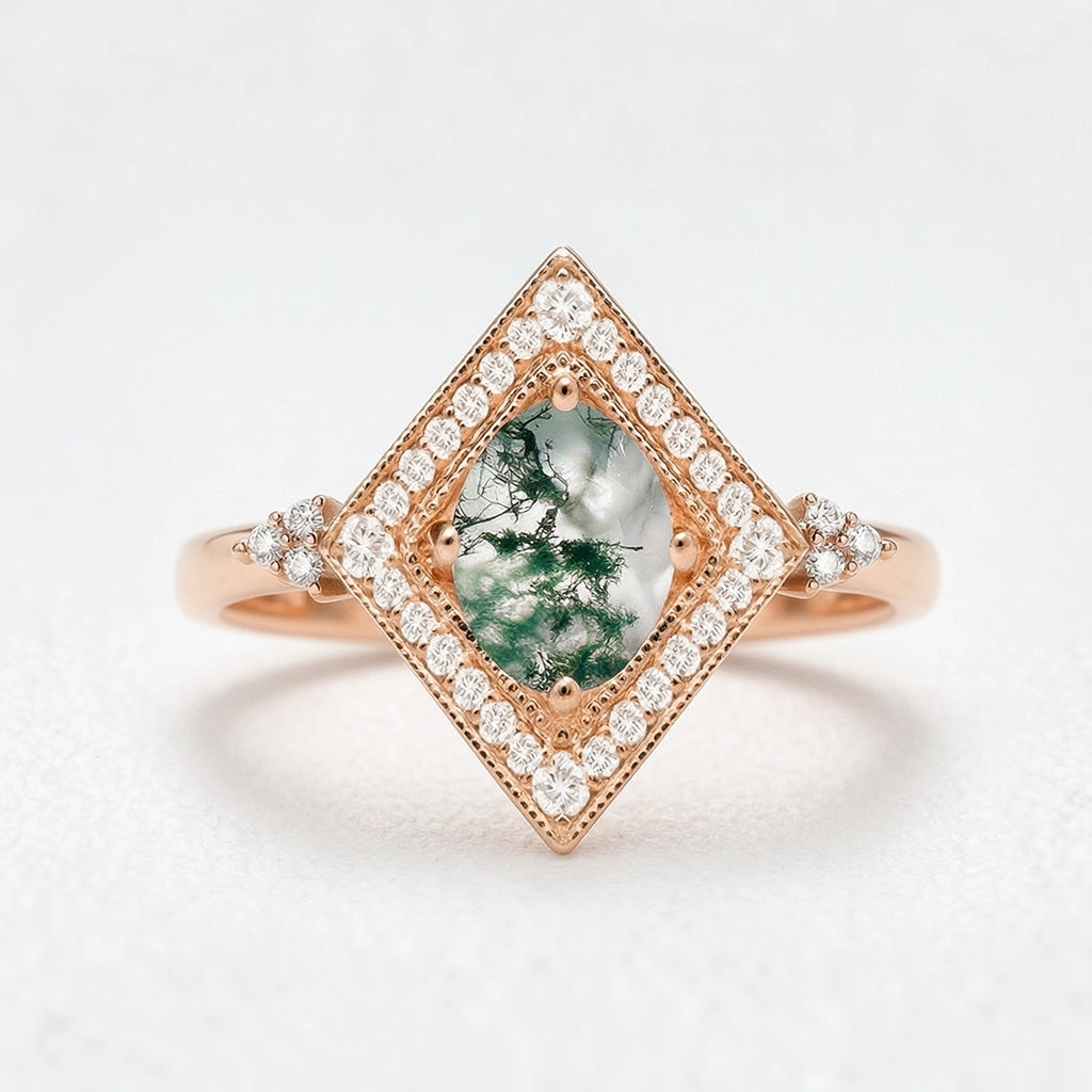 Unique Oval Cut Moss Agate Geometric Vintage Engagement Ring.
