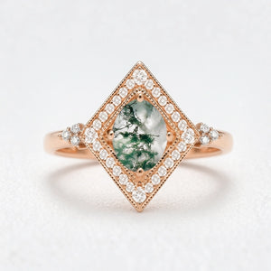 Unique Oval Cut Moss Agate Geometric Vintage Engagement Ring.