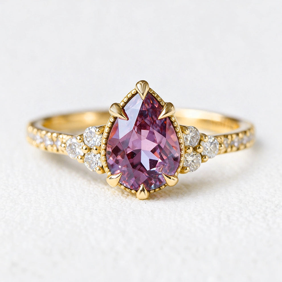 Aurora's Twilight | 2CT Pear Violet Sapphire Engagement Ring with Diamond Band
